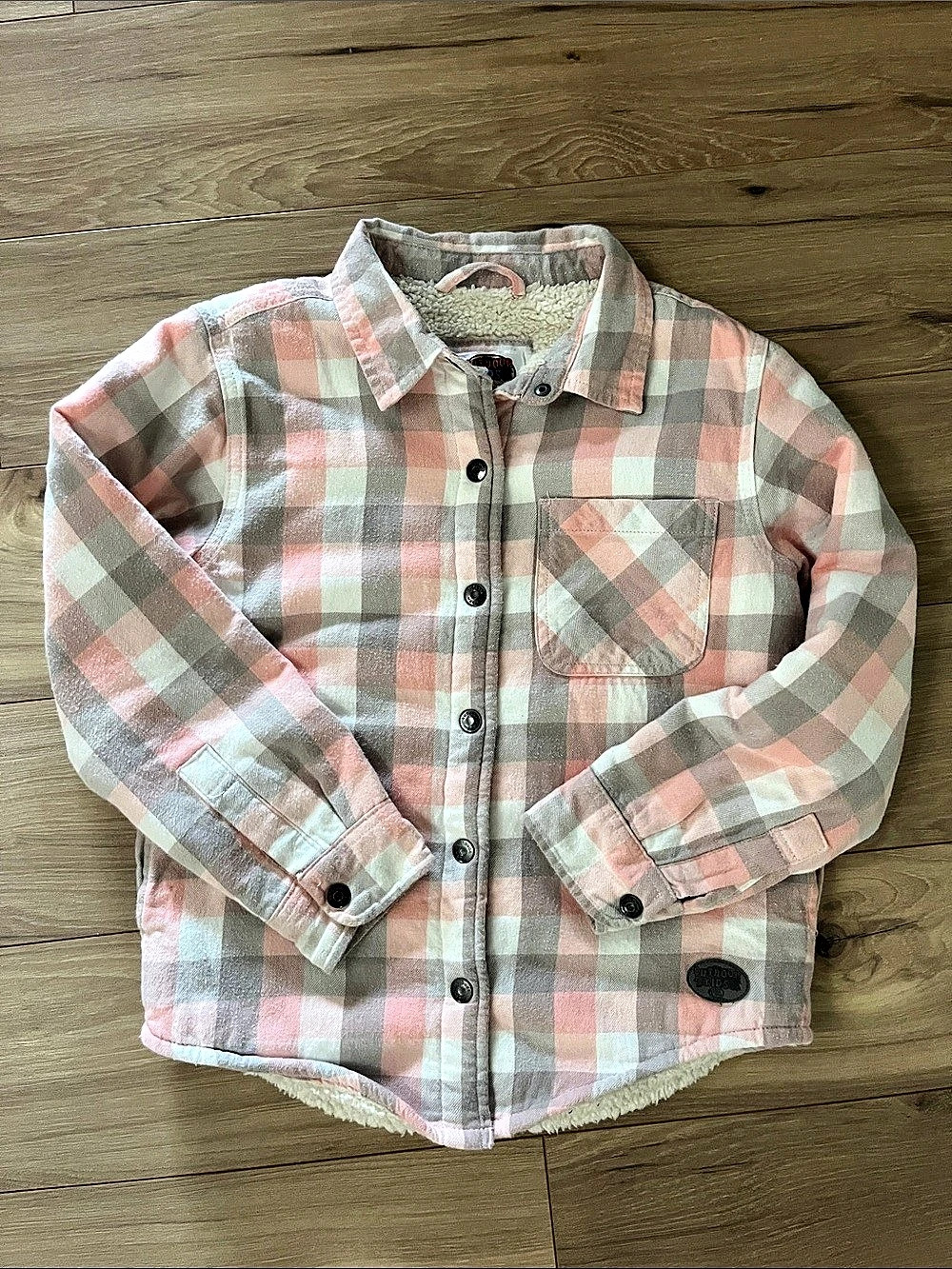 Outdoor Kids Sherpa-Lined Flannel Shirt Jacket in Pink & Gray